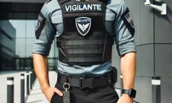 DALL·E 2024-10-05 09.25.06 - A professional security guard standing confidently, wearing a sleek uniform with the word 'Vigilante' printed on his shirt. The uniform includes a sec