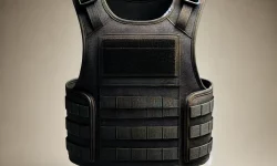 DALL·E 2024-10-17 12.12.13 - A bulletproof vest displayed on a neutral background. The vest is black, with visible stitching lines, adjustable shoulder straps, and Velcro patches