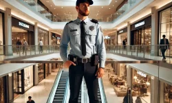 DALL·E 2024-10-25 11.44.53 - A security guard patrolling inside a modern shopping mall. The guard is dressed in a neat uniform with a badge, wearing a cap and carrying a walkie-ta